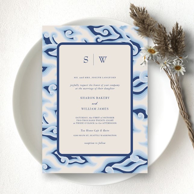 Elegante Blue Ocean Waves Monogram Wedding Einladung (Design Your Personalized Vintage Batik Wedding Invitation)