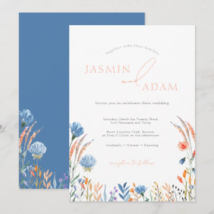 Elegante Blue & Orange Wildblumen Hochzeit Einladung