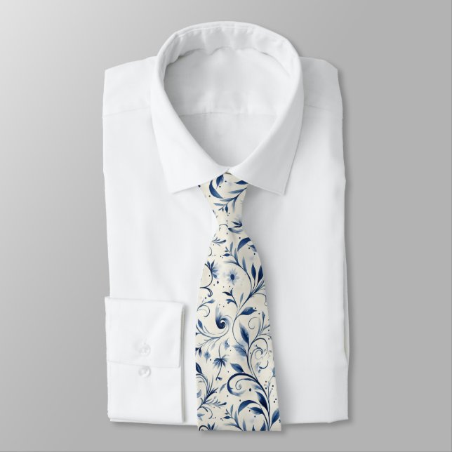 Elegante Blue Paisley Blätter - Weißer Hintergrund Krawatte (Gebunden)