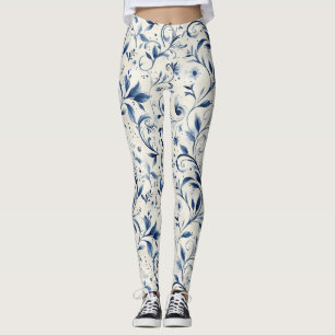 Elegante Blue Paisley Blätter - Weißer Hintergrund Leggings