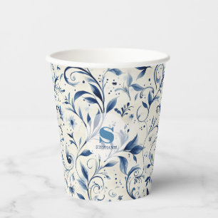 Elegante Blue Paisley Blätter - Weißer Hintergrund Pappbecher