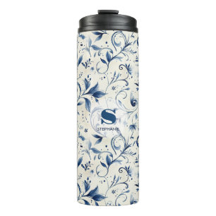 Elegante Blue Paisley Blätter - Weißer Hintergrund Thermosbecher