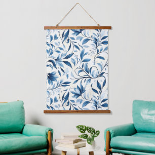 Elegante Blue Paisley Blätter - Weißer Hintergrund Wandteppich Mit Holzrahmen
