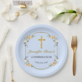 Elegante Blue & Peach Floral Gold Bestätigung Pappteller