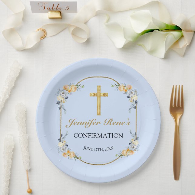 Elegante Blue & Peach Floral Gold Bestätigung Pappteller (Hochzeit)