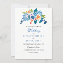 Elegante Blue & Peach Floral Wedding Einladung