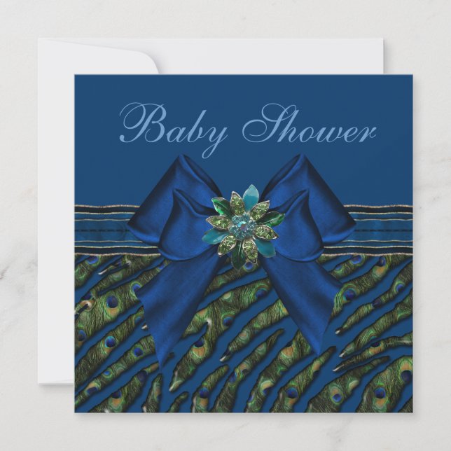 Elegante Blue Peacock Animal Print Baby Dusche Einladung (Vorderseite)