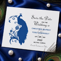 Elegante Blue Peacock Flat Save the Date Card
