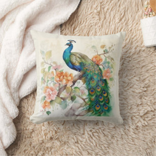 Elegante Blue Peacock Pink Blume Creme Kissen
