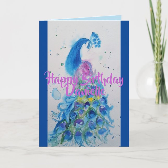 Elegante Blue Peacock Watercolor Geburtskarte Karte (Vorderseite)