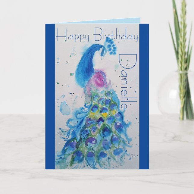 Elegante Blue Peacock Watercolor Geburtskarte Karte (Vorderseite)