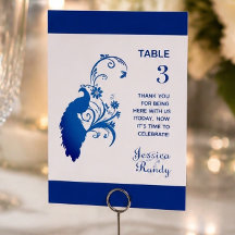 Elegante Blue Peacock Wedding Table Card