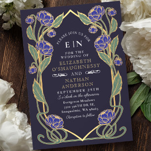 Elegante Blue Peony Art Nouveau Floral Wedding Einladung