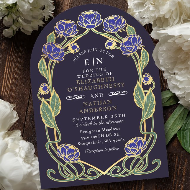 Elegante Blue Peony Art Nouveau Floral Wedding Einladung (Von Creator hochgeladen)