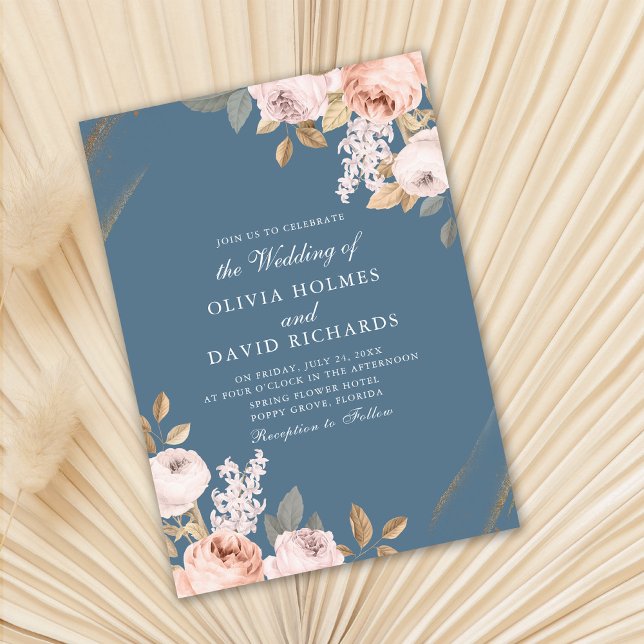 Elegante Blue Peony Rose Hochzeit Einladung (Elegant Blue Peony Roses Wedding Invite on dry fan palm leaf.)