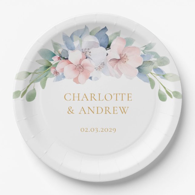 Elegante Blue Pink Blume Hochzeit Pappteller (Vorderseite)