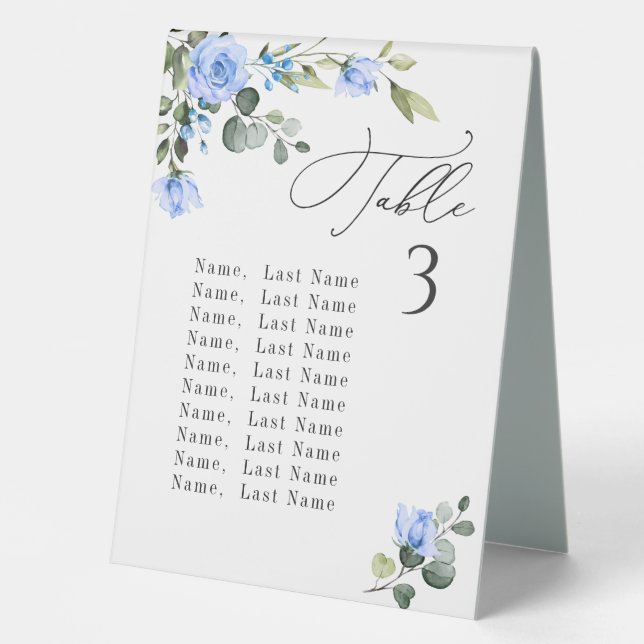 Elegante Blue Rose Eukalyptus Seating Chart Tischaufsteller (Vorderseite)