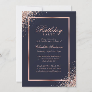Elegante Blue Rose Gold Confetti Geburtstagsparty Einladung
