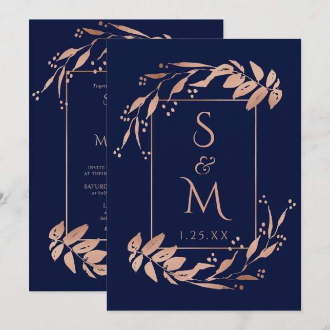 Elegante Blue Rose Gold Foliage Hochzeit Einladung (Vorne/Hinten)