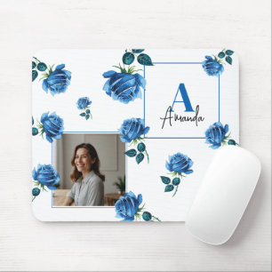 Elegante Blue Rose Monogram Custom Mama Mousepad
