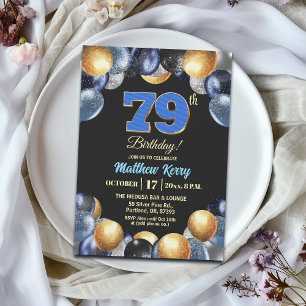 Elegante Blue Silber Gold 79. Geburtstagsfeier Einladung