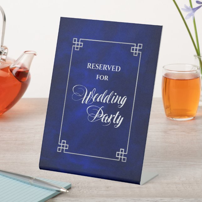 Elegante Blue Silver Frame Wedding Party vorbehalt Sockelschild (In Situ)