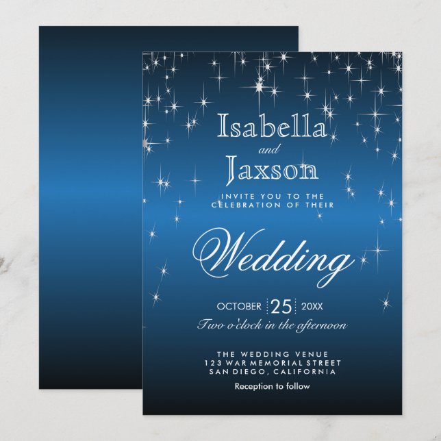 Elegante Blue Star Lights Hochzeitseinladung Einladung (Vorne/Hinten)