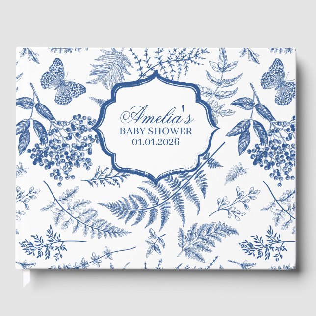 Elegante Blue Toile Print Personalisiert Baby Dusc Gästebuch (Vorderseite)