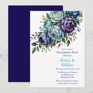 Elegante Blue Turquoise Floral Engagement Party Einladung