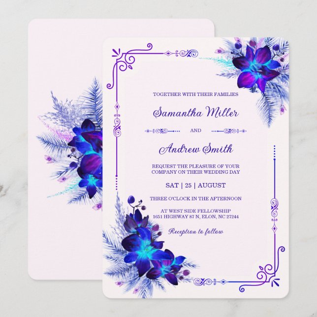 Elegante Blue und Lila Orchid Wedding Einladung (Vorne/Hinten)
