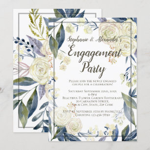 Elegante Blue Watercolor Blume Engagement Party Einladung