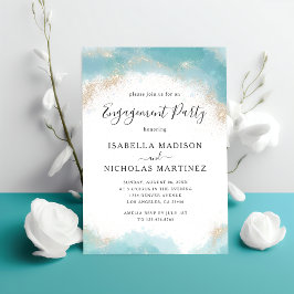 Elegante Blue Watercolor Gold Engagement Party Einladung