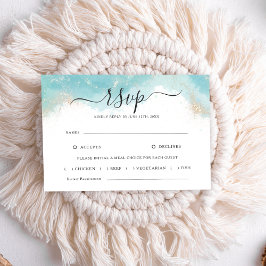 Elegante Blue Watercolor Gold Wedding RSVP Card