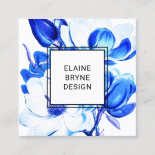 Elegante Blue Watercolor Magnolia Quadratische Visitenkarte
