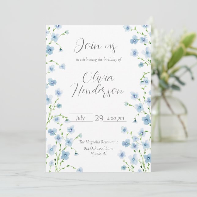 Elegante Blue Watercolor Wildblume Einladung (Stehend Vorderseite)