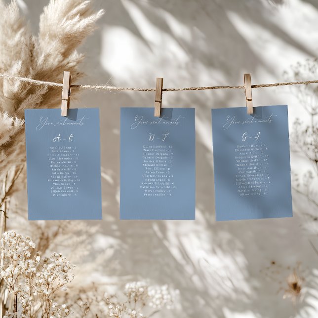 Elegante Blue Wedding Card (Convenient and organized wedding seating chart with alphabetical name arrangement.)