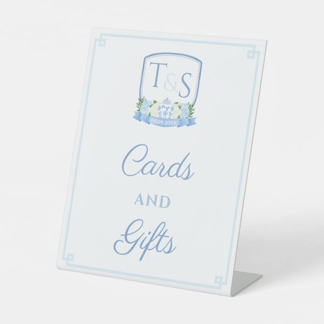 Elegante Blue Wedding Wappen Cards und Geschenke Sockelschild (Vorderseite)