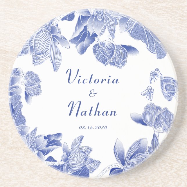 Elegante Blue White Chinoiserie Blumenzwiebeldrähe Getränkeuntersetzer (Vorne)