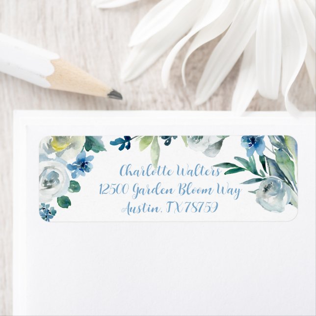 Elegante Blue White Floral Cursive Rücksendeadress (Insitu)