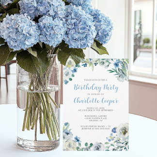Elegante Blue White Floral Geburtstagsparty Einladung