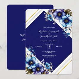 Elegante Blue White Gold Frame Wasserfarben-Blume Einladung