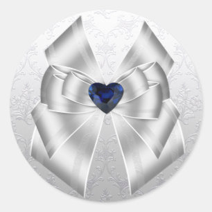 Elegante Blue & White Heart Bow Wedding Runder Aufkleber