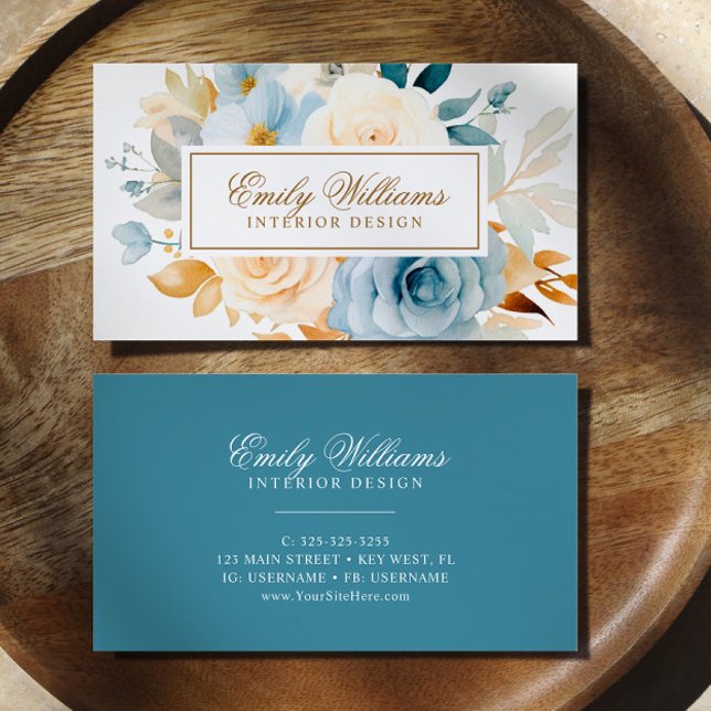 Elegante Blue & White Rose Blume Business Card Visitenkarte (Von Creator hochgeladen)