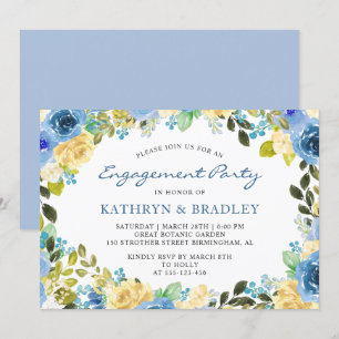 Elegante Blue Yellow Floral Engagement Party Card Einladung