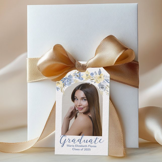 Elegante Blue Yellow Floral Foto Graduation Party Geschenkanhänger (Von Creator hochgeladen)