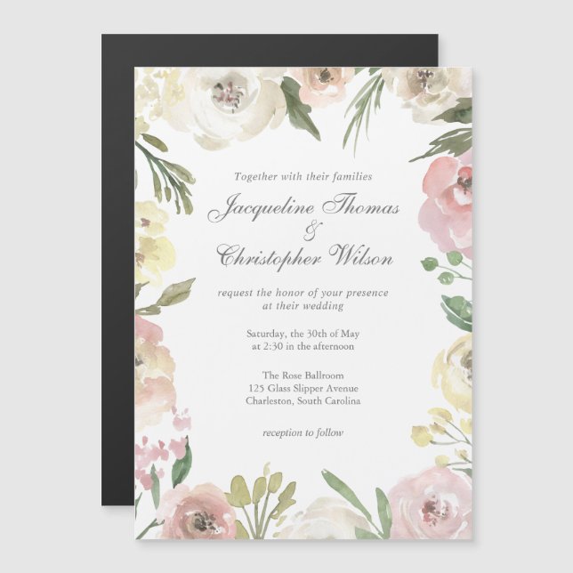 Elegante Blues Peony Pink Wedding Magneteinladung (Vorne/Hinten)