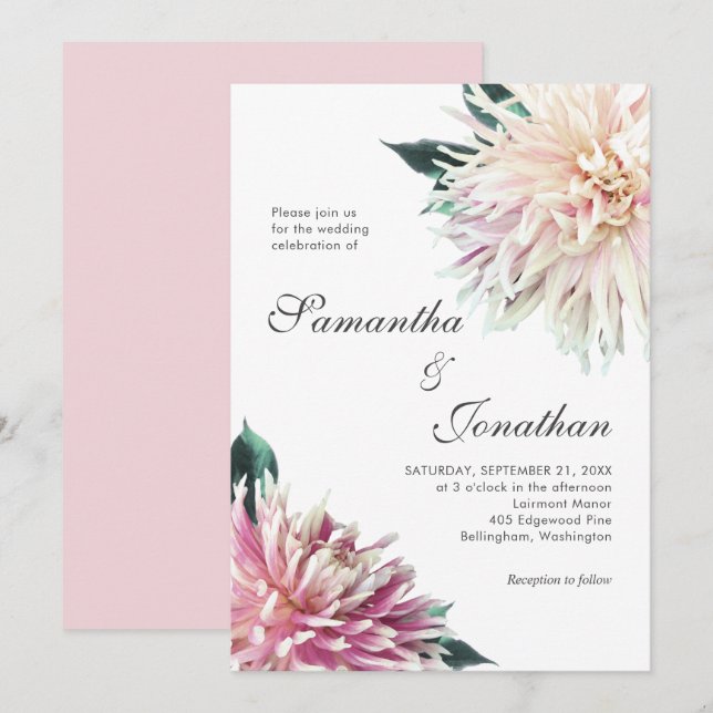 Elegante Blues Rosa Dahlia Hochzeit Einladung (Vorne/Hinten)