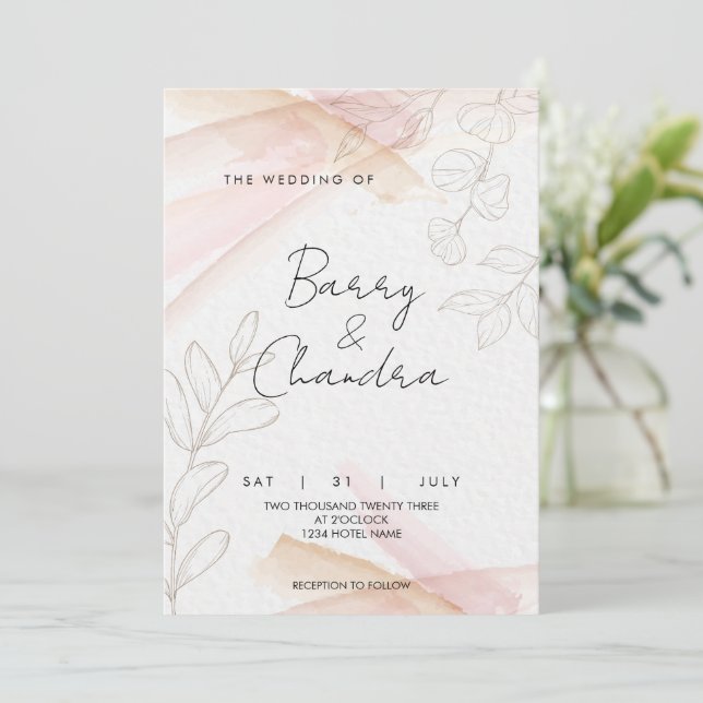 Elegante Blues Rosa Hochzeit Einladung (Stehend Vorderseite)