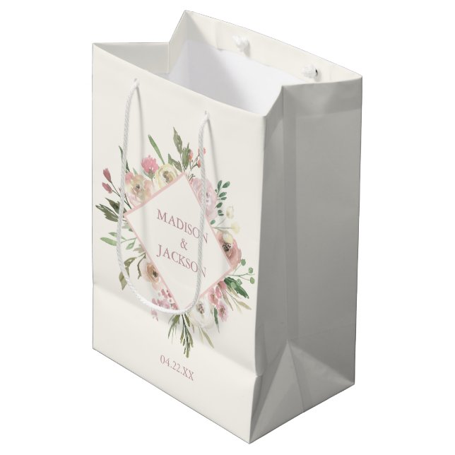 Elegante Blues Rosa Peony Summer Wedding Mittlere Geschenktüte (Vorderseite Schrägansicht)