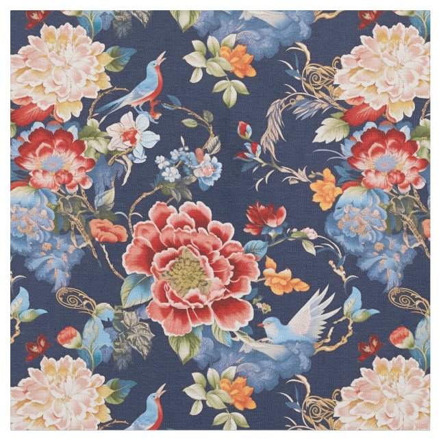 Elegante blühende Chinoiserie Stoff (Nahaufnahme)